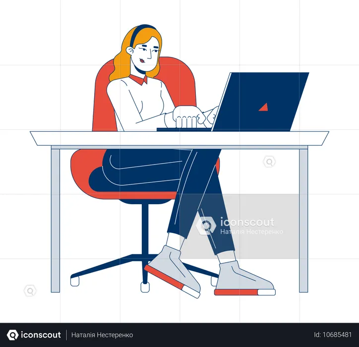 Mulher freelancer europeia trabalhando em laptop  Ilustração