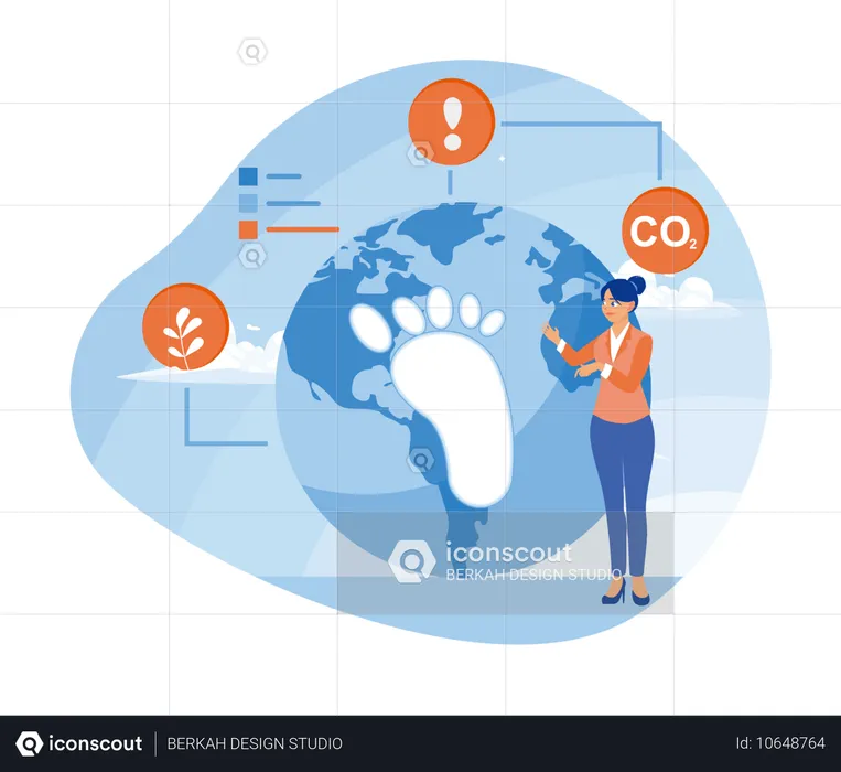 Mulher explicando a pegada de carbono no globo  Ilustração