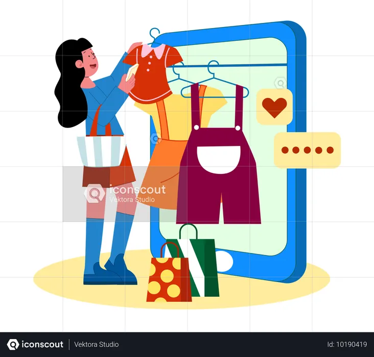 Mulher explorando itens de moda no celular  Ilustração