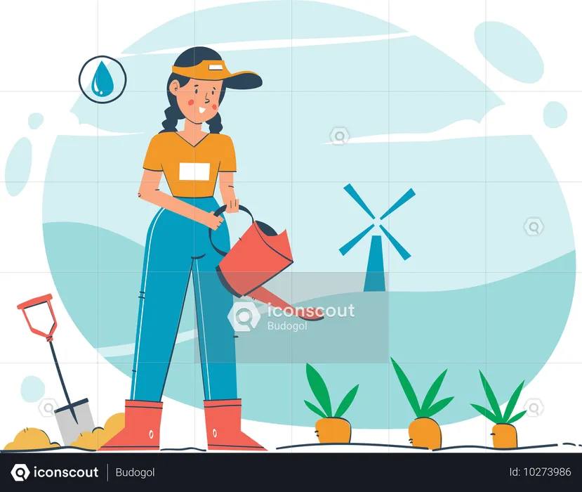 Agricultora regando plantas  Ilustração