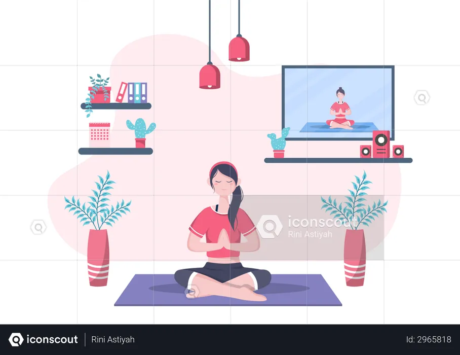 Mulher recebendo aulas on-line de ioga e meditação  Ilustração