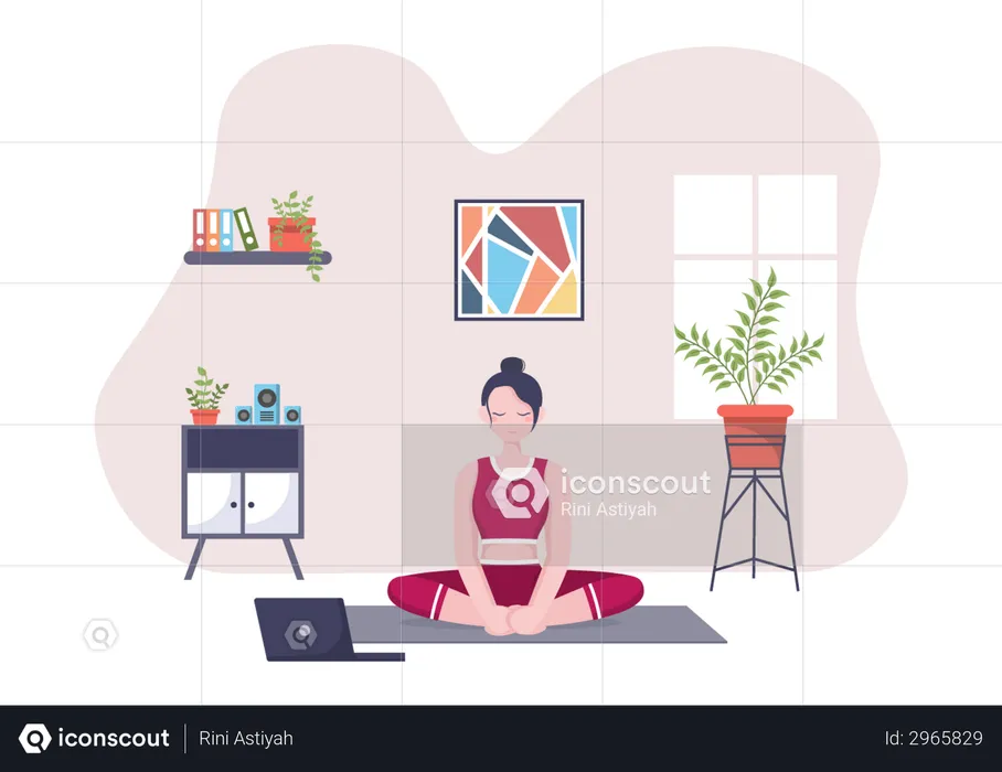 Mulher fazendo aulas on-line de ioga e meditação  Ilustração