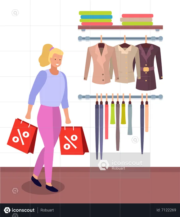 Mulher fazendo compras com desconto  Ilustração