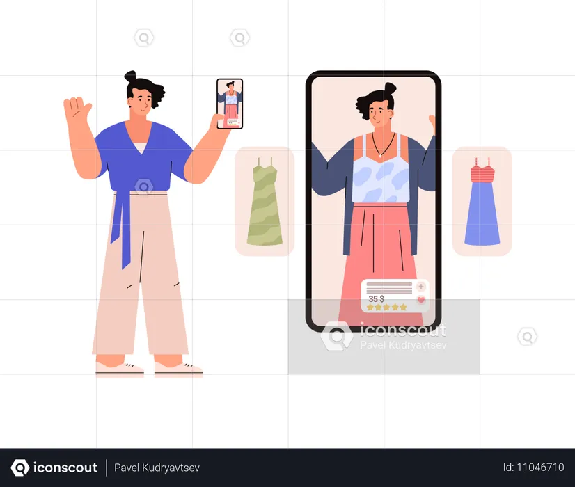 Mulher fazendo compras de roupas usando tecnologia de realidade aumentada  Ilustração