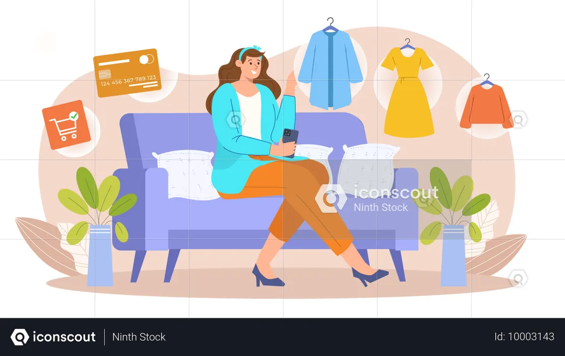 Mulher fazendo compras on-line no celular  Ilustração