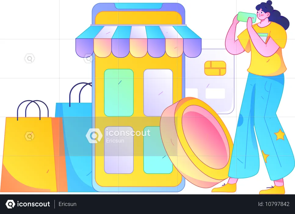 Mulher fazendo pagamento de compras on-line  Ilustração