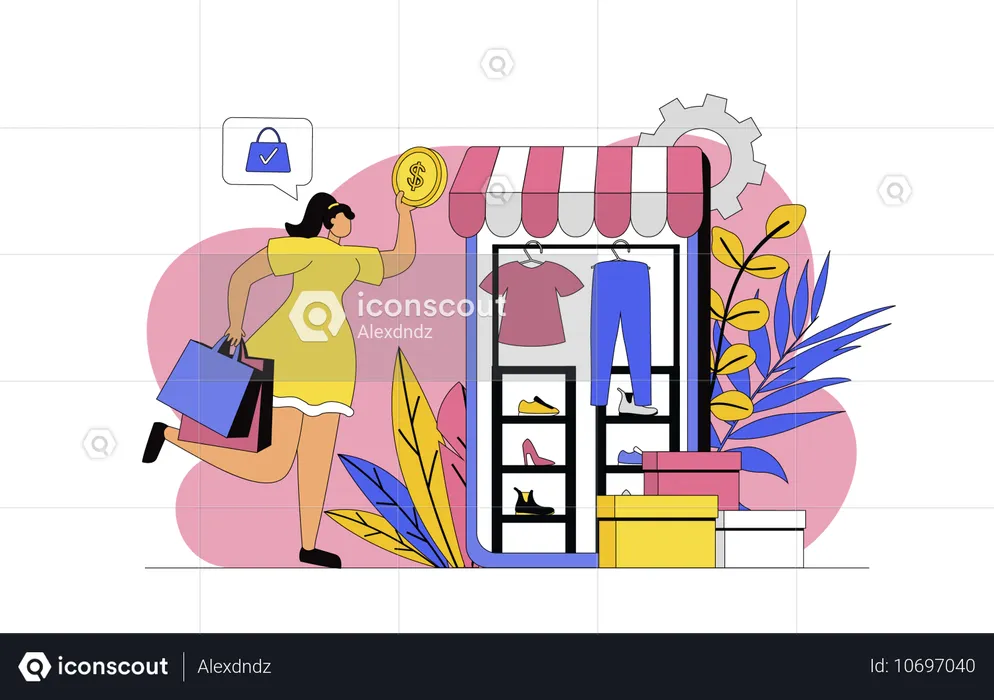 Mulher fazendo compras online usando o celular  Ilustração