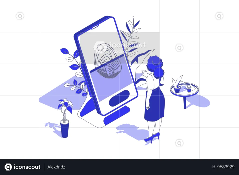 Mulher fazendo login usando bloqueio biométrico  Ilustração