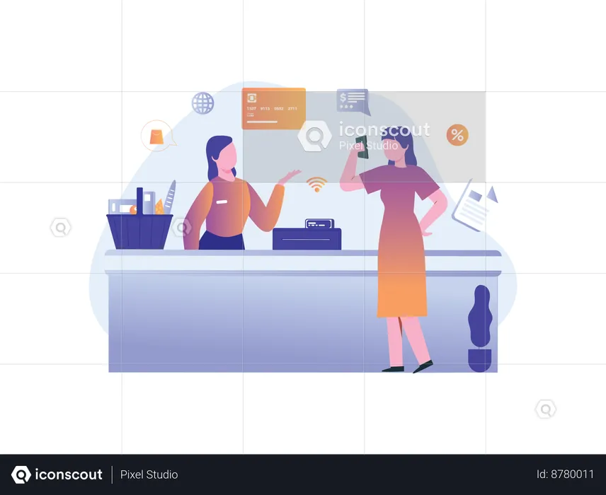 Mulher fazendo pagamento sem dinheiro no balcão do supermercado  Ilustração