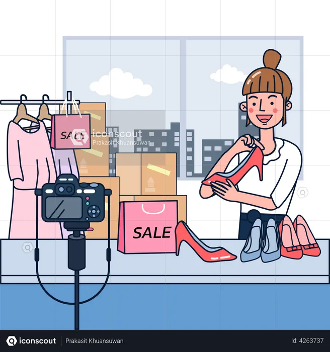 Mulher fazendo vídeo sobre venda de sapatos para alcançar clientes  Ilustração