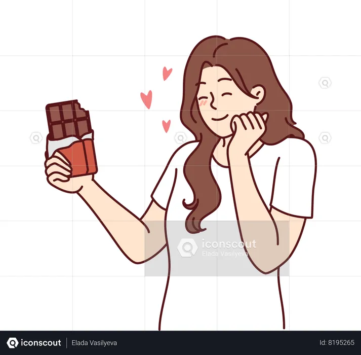 Mulher feliz, apreciando o sabor do chocolate amargo  Ilustração