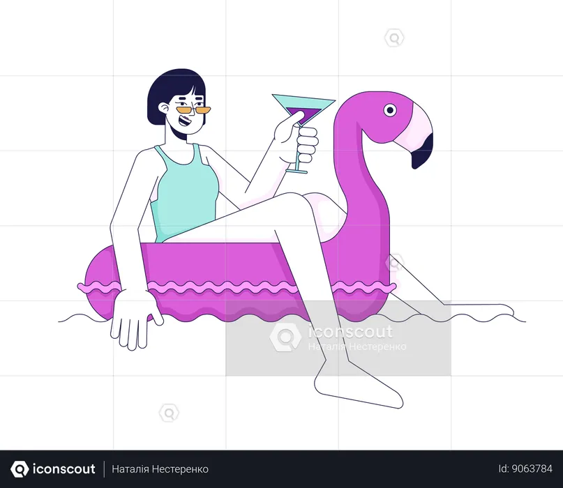 Mulher feliz está curtindo um flamingo inflável  Ilustração