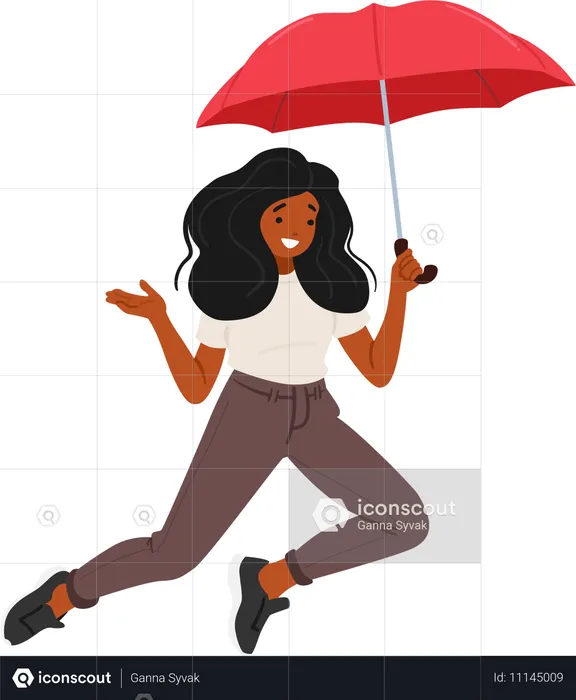 Mulher feliz pulando no ar enquanto segura um guarda-chuva vermelho  Ilustração