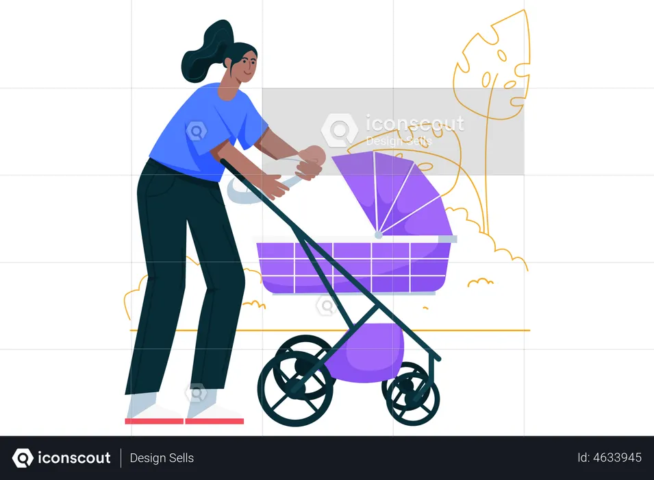 Mulher feliz segurando um bebê fofo e colocando-o no carrinho  Ilustração