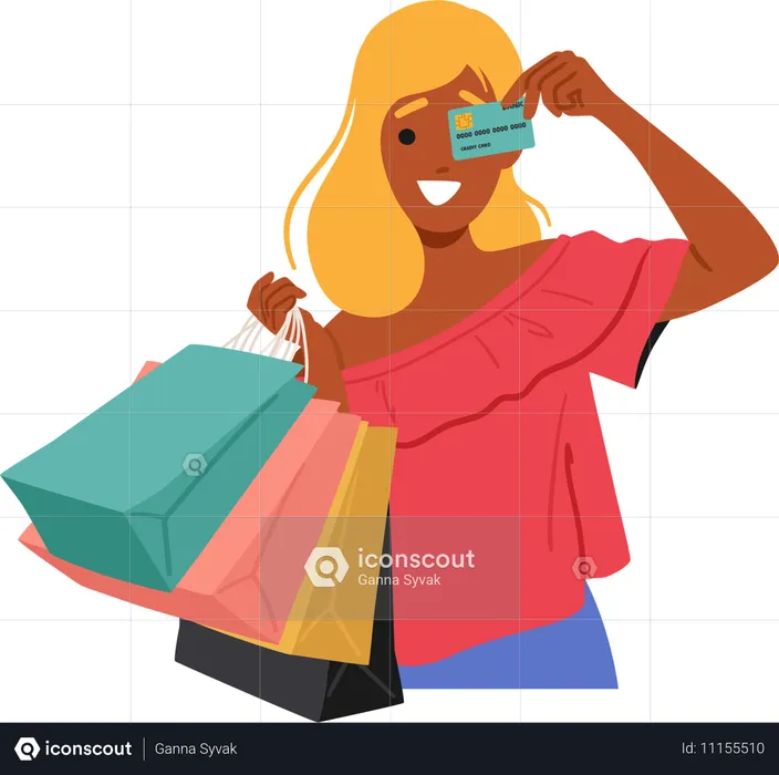 Mulher feliz segurando sacolas de compras e cartão de crédito  Ilustração