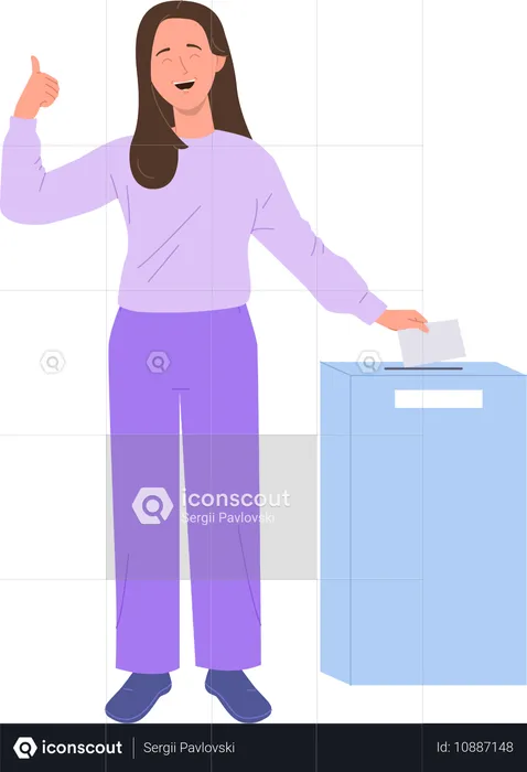 Mulher sorridente e feliz jogando a cédula de votação na urna eleitoral e gesticulando com o polegar para cima  Ilustração