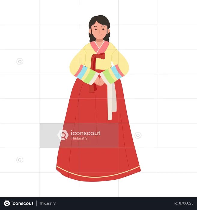 Mulher feliz usando vestido tradicional coreano hanbok  Ilustração