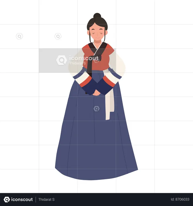 Mulher feliz usando vestido tradicional coreano hanbok  Ilustração