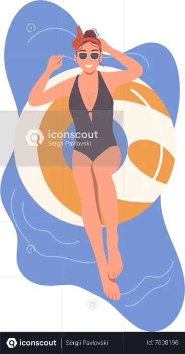 Mulher flutuando em anel de borracha inflável na piscina  Ilustração