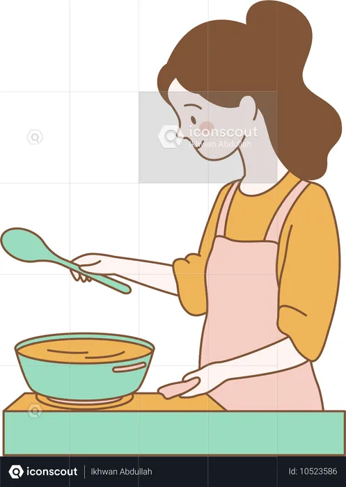 Mulher bonita está cozinhando com panela na cozinha  Ilustração