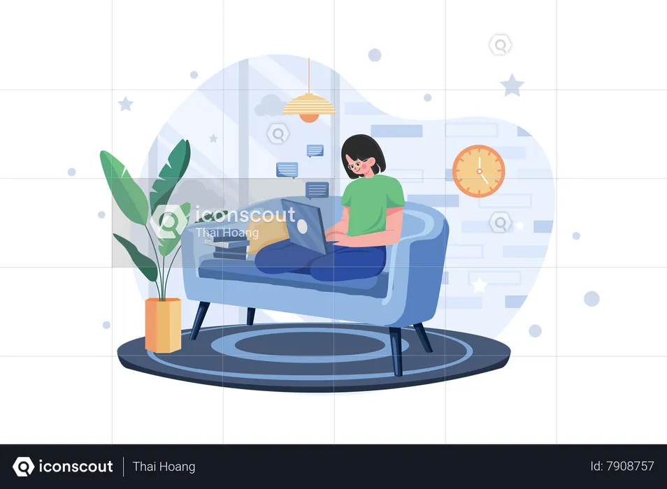 Funcionária trabalhando em casa enquanto está sentada no sofá  Ilustração
