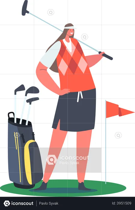 Mulher jogadora de golfe posando com clube de golfe em Green Lawn  Ilustração