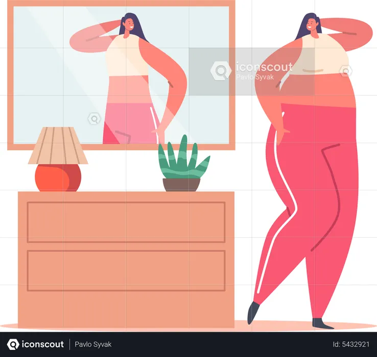 Mulher gorda com percepção inadequada distorcida, olhando no espelho  Ilustração
