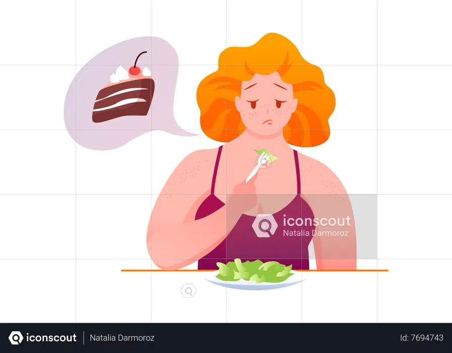 Mulher gorda comendo comida saudável  Ilustração
