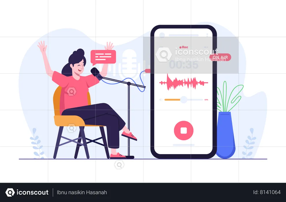 Mulher gravando áudio de podcast via celular  Ilustração