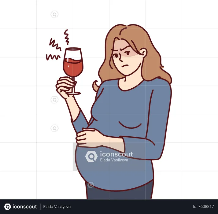 Mulher grávida pensando em beber vinho  Ilustração