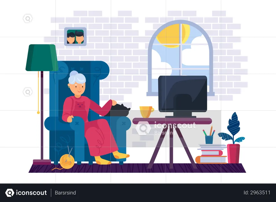 Mulher idosa assistindo tv  Ilustração