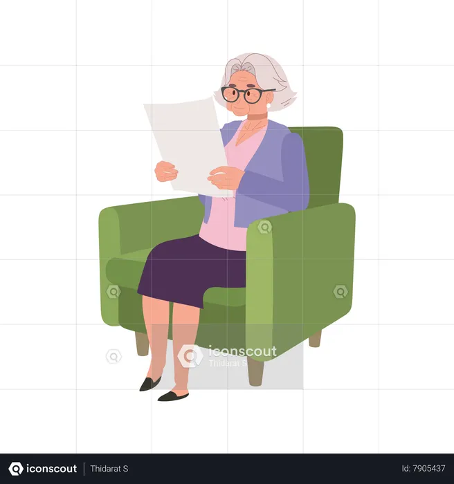Mulher idosa desfrutando de uma leitura tranquila de jornal no sofá aconchegante  Ilustração