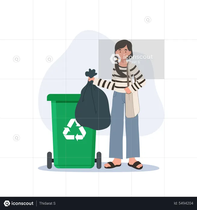 Mulher joga lixo na lixeira verde com símbolo de reciclagem  Ilustração