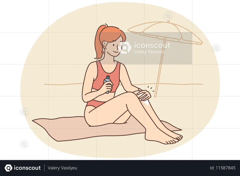 Jovem mulher sorridente sentada na praia aplicando protetor solar nas pernas aproveitando as férias de verão  Ilustração