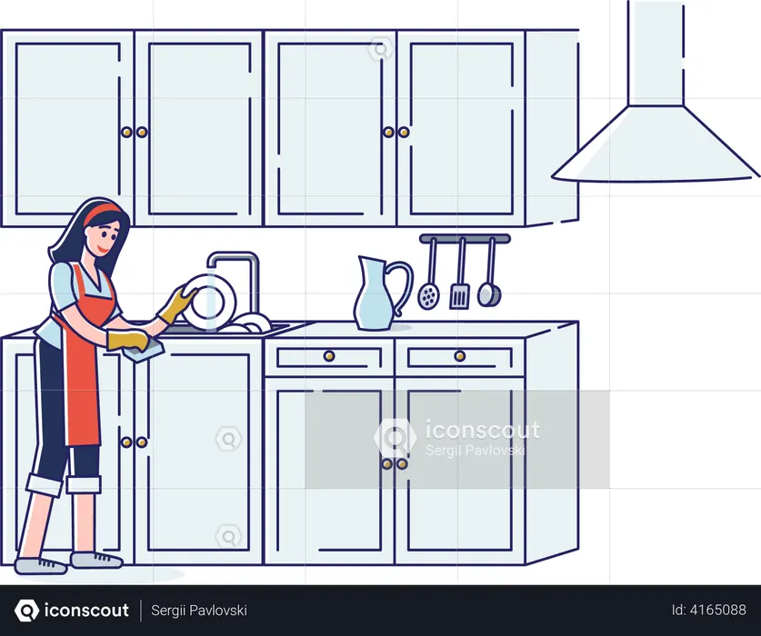 Mulher lavando louça na pia  Ilustração