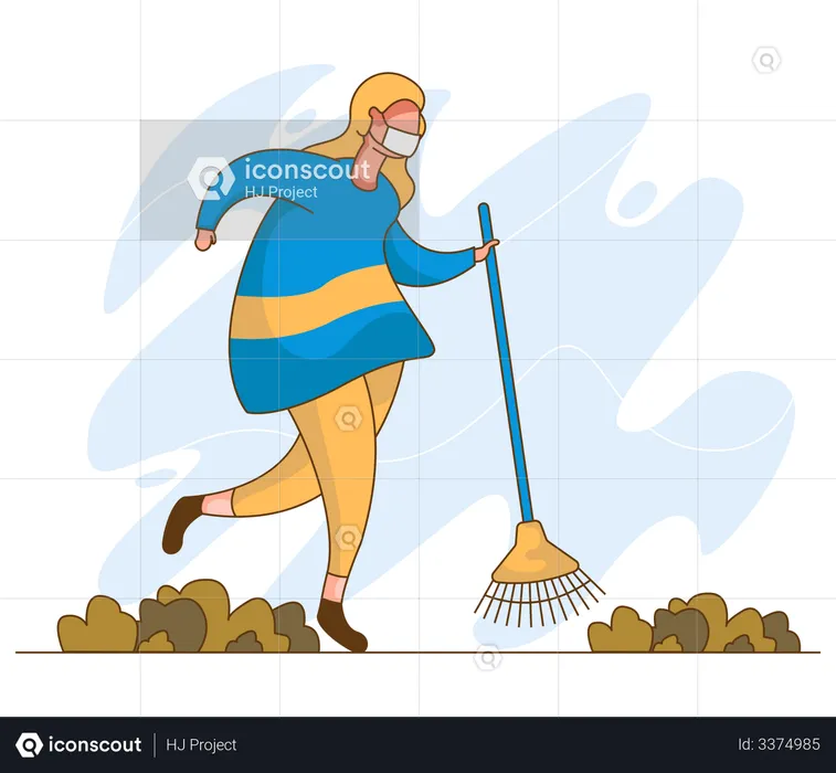 Mulher limpando rua enquanto usava máscara  Ilustração