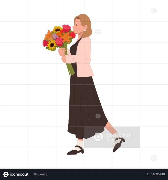 Linda mulher segurando um elegante buquê de flores  Ilustração