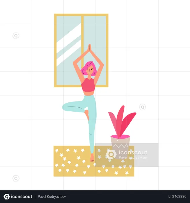 Mulher magra em pé em yoga asana em casa  Ilustração