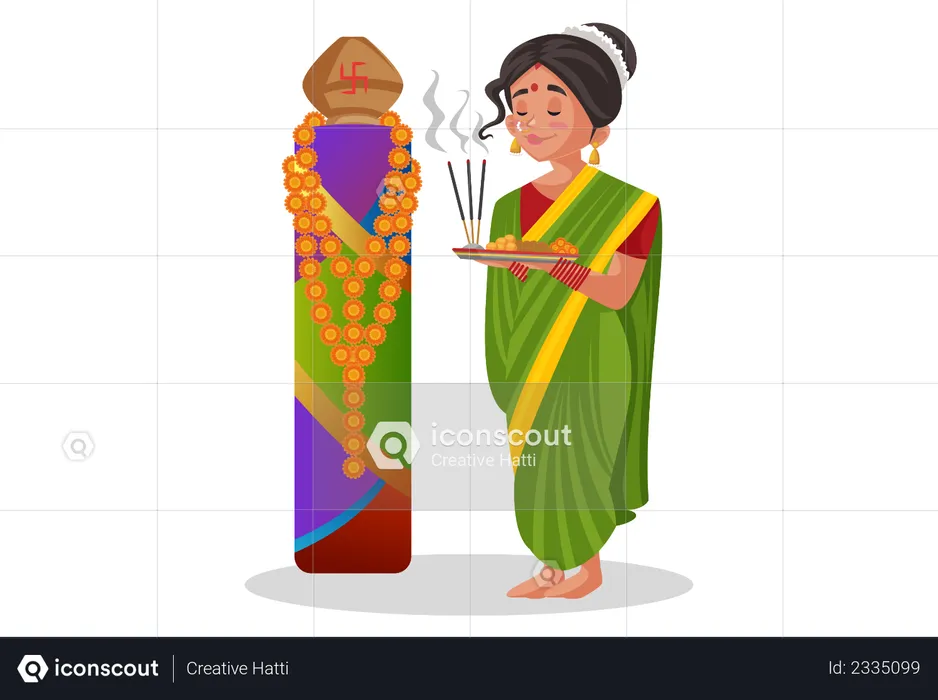 Mulher Marathi fazendo adoração com Puja thali  Ilustração