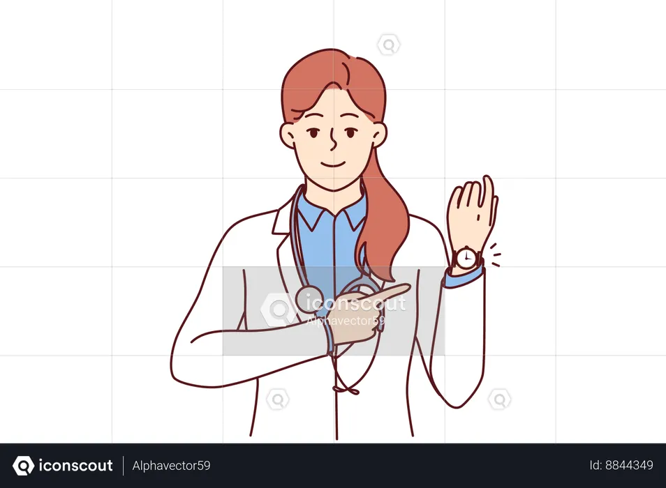 Médico mulher aponta para relógio de pulso  Ilustração