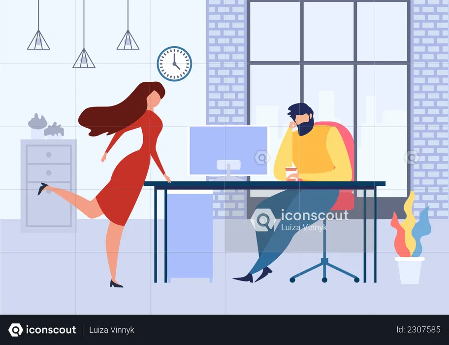 Mesa de escritório feminina flertando com homem no trabalho  Ilustração