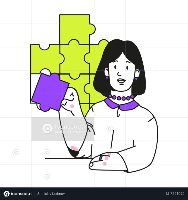 Mulher montando um quebra-cabeça complexo  Ilustração