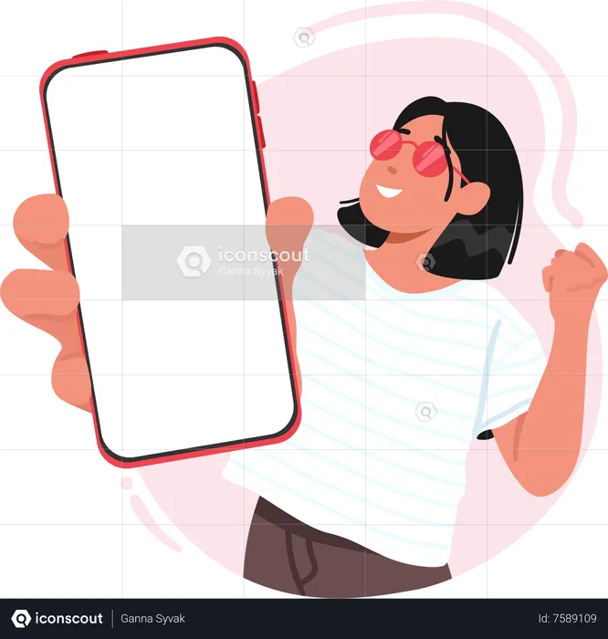 Mulher mostra tela vazia do smartphone e gesto sim  Ilustração