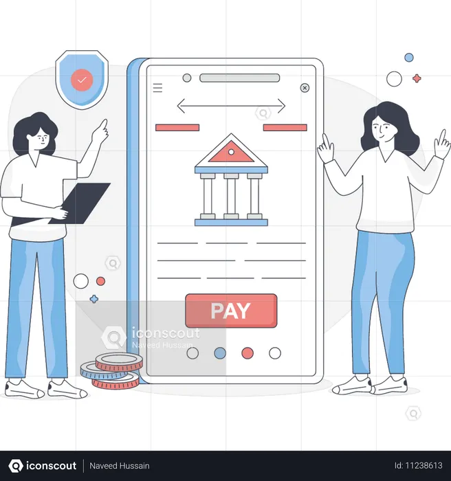 Mulher mostrando aplicativo de banco móvel  Ilustração