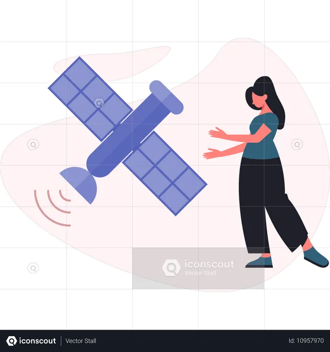 Mulher mostrando satélites espaciais  Ilustração