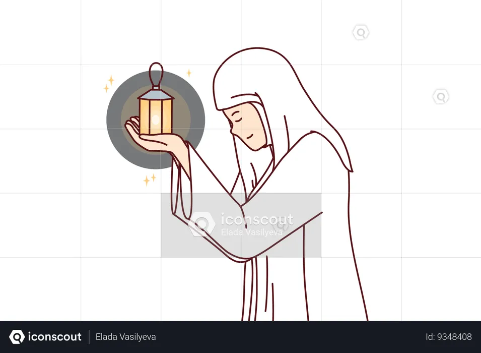 Mulher muçulmana reza no mês sagrado do Ramadã e segura lanterna para ritual islâmico nas mãos  Ilustração