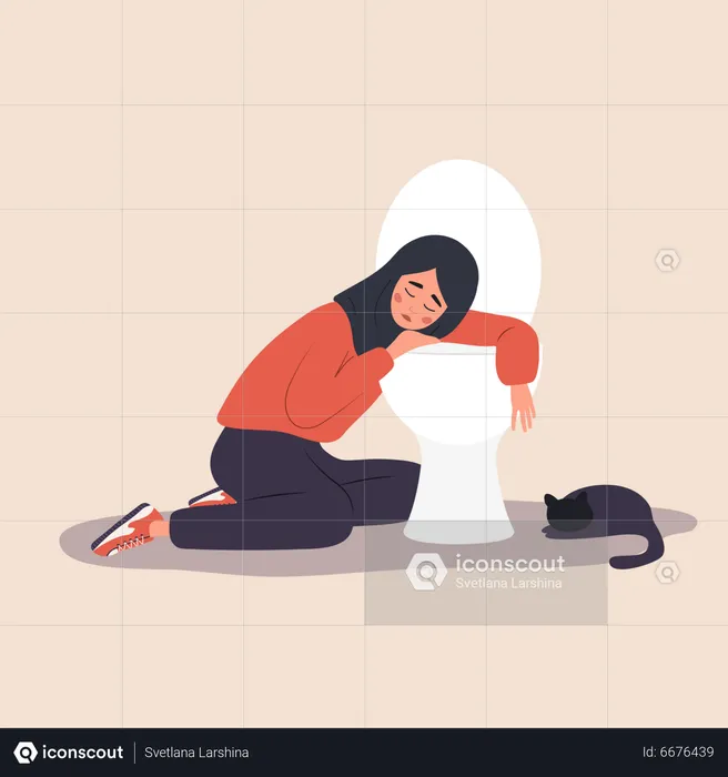 Mulher muçulmana sentindo náusea enquanto está sentada perto do assento do vaso sanitário  Ilustração