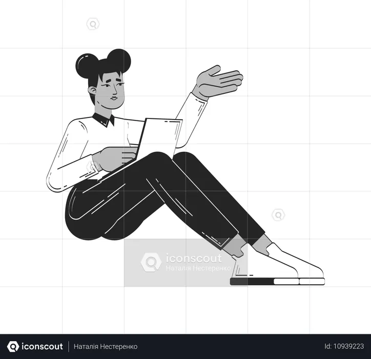 Mulher negra casual de negócios sentada com laptop explicando ideia  Ilustração