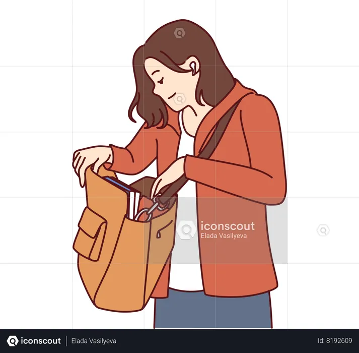Mulher olha para uma bolsa grande pendurada no ombro em busca de carteira perdida na bolsa  Ilustração