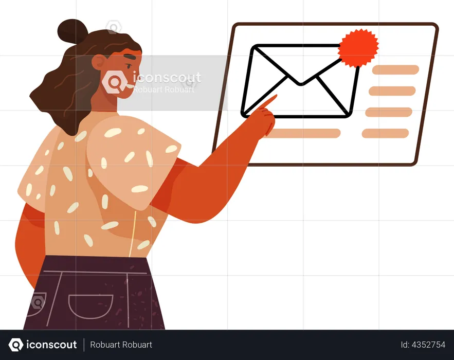 Mulher olhando boletim informativo em envelope digital  Ilustração